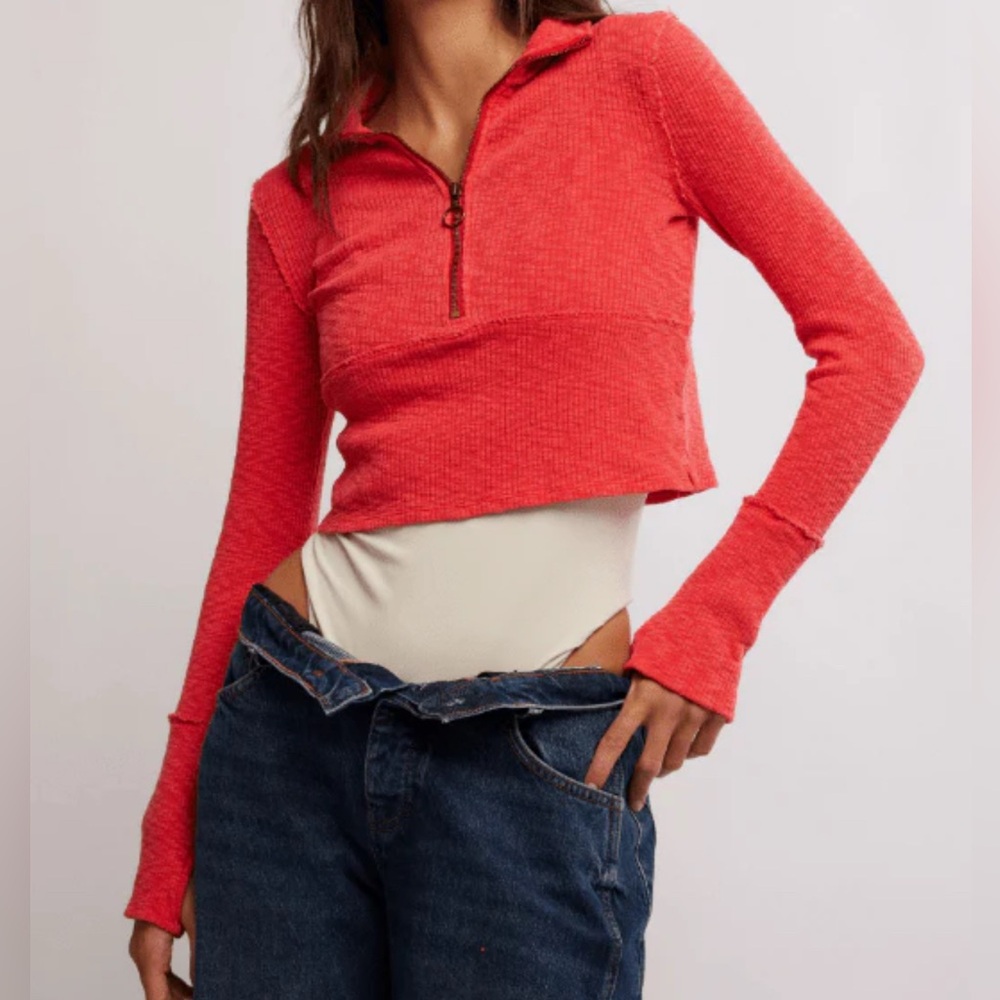 Free People Midnight Stretch Cotton Half Zip Crop Top